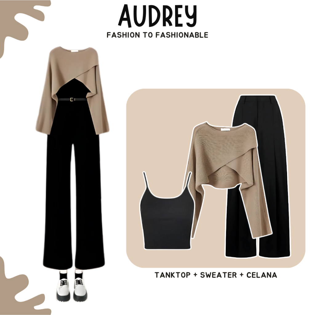 Audrey One Set Outfit Remaja Wanita Hijab 3in1 ( Sweater Rajut Kimono + Tanktop + Loosepants Knit )
