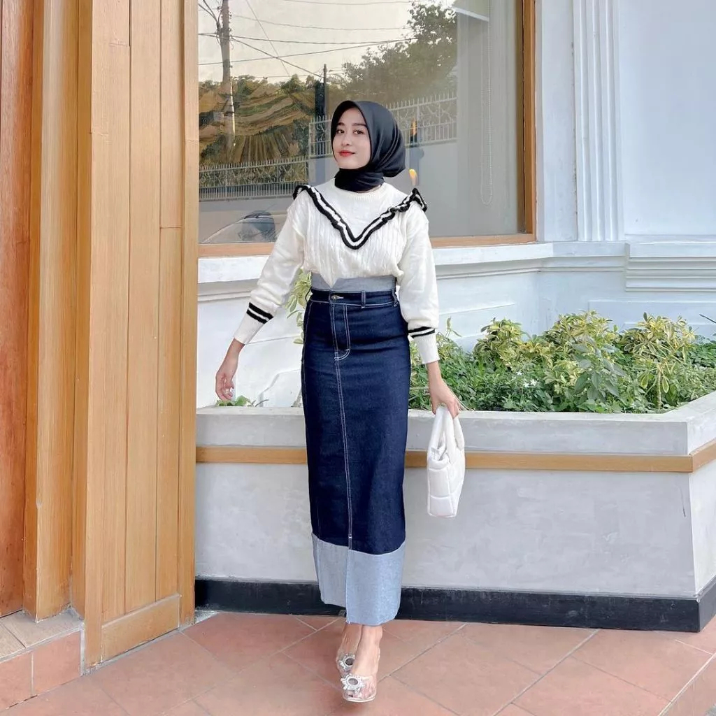 Rok Skrit Two Tone Jeans Highwaist Wanita Streach FT