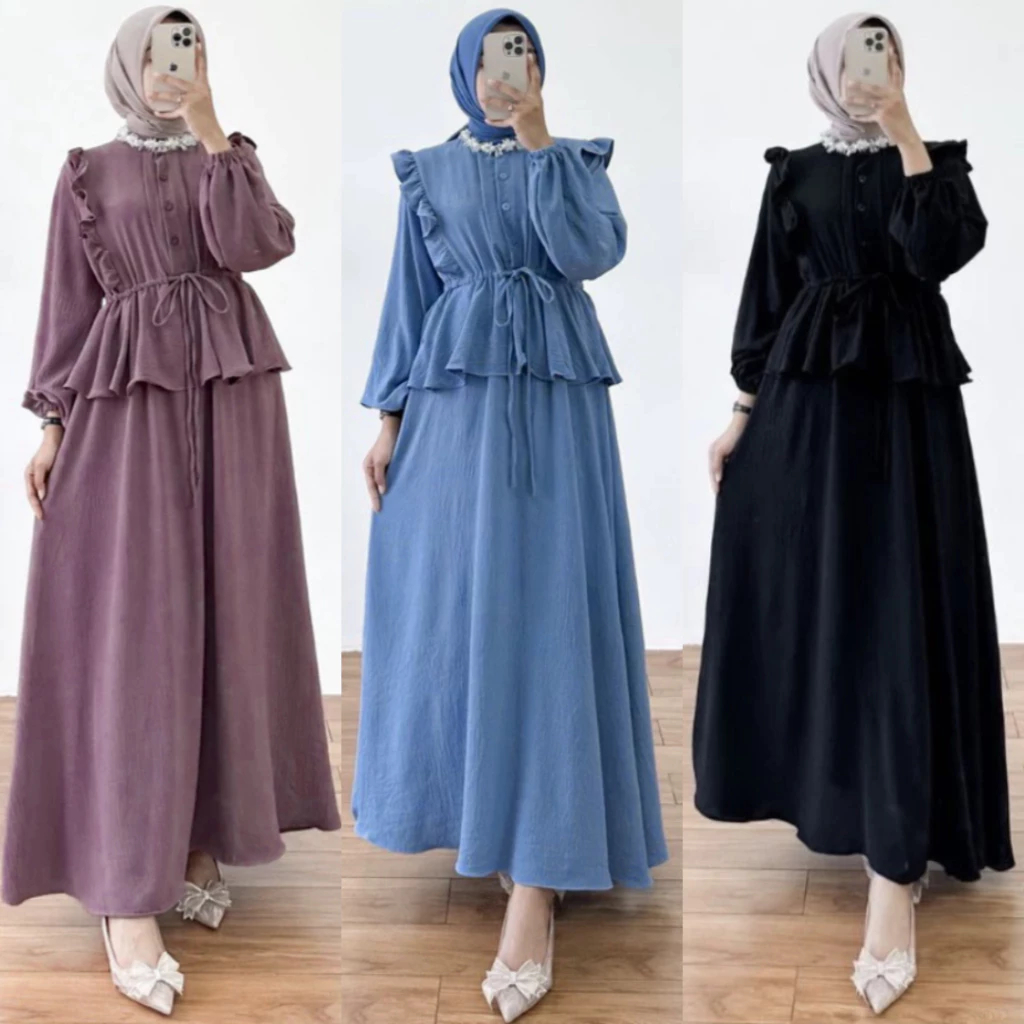 Dress Ivana Rosaline Maxi Ruffle Busui | Slavina Gamis Polos Crinkle Airflow Wanita Maxy Ruffle | Dr