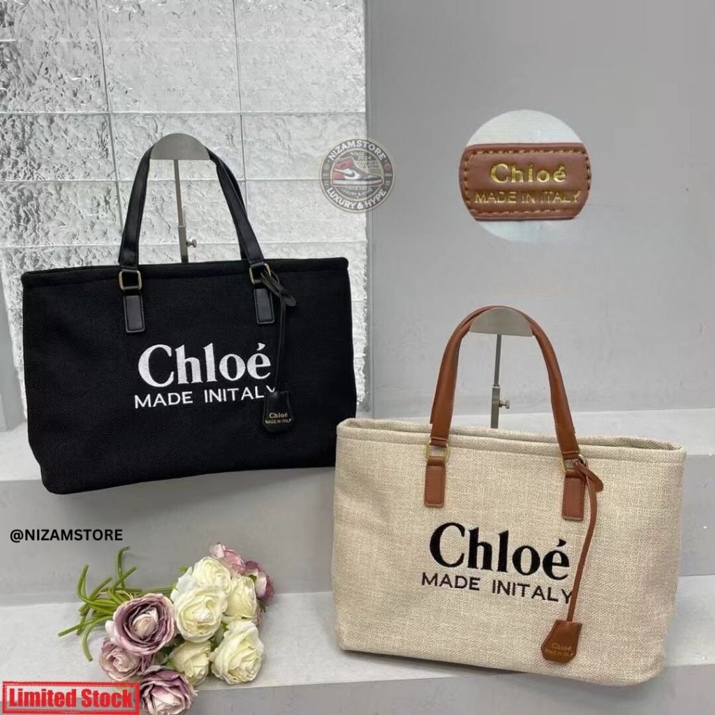 Totebag Wanita Import Chloe - Black & Brown, Bahan Kanvas Tebal, Ukuran 43x29x16cm