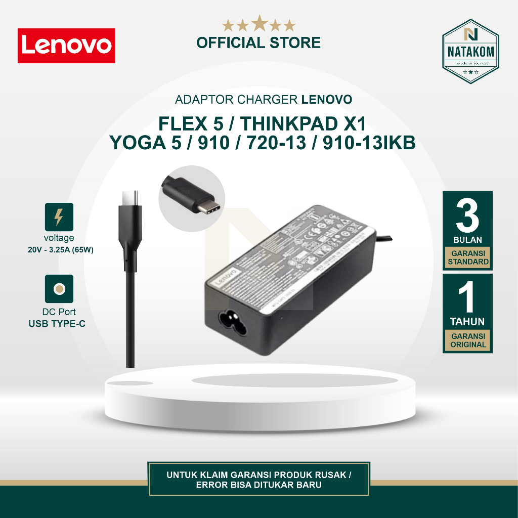 ADAPTOR CHARGER LENOVO FLEX 5 THINKPAD X1 YOGA 5 910 720-13 910-13IKB 3.25A 65W FREE KABEL POWER