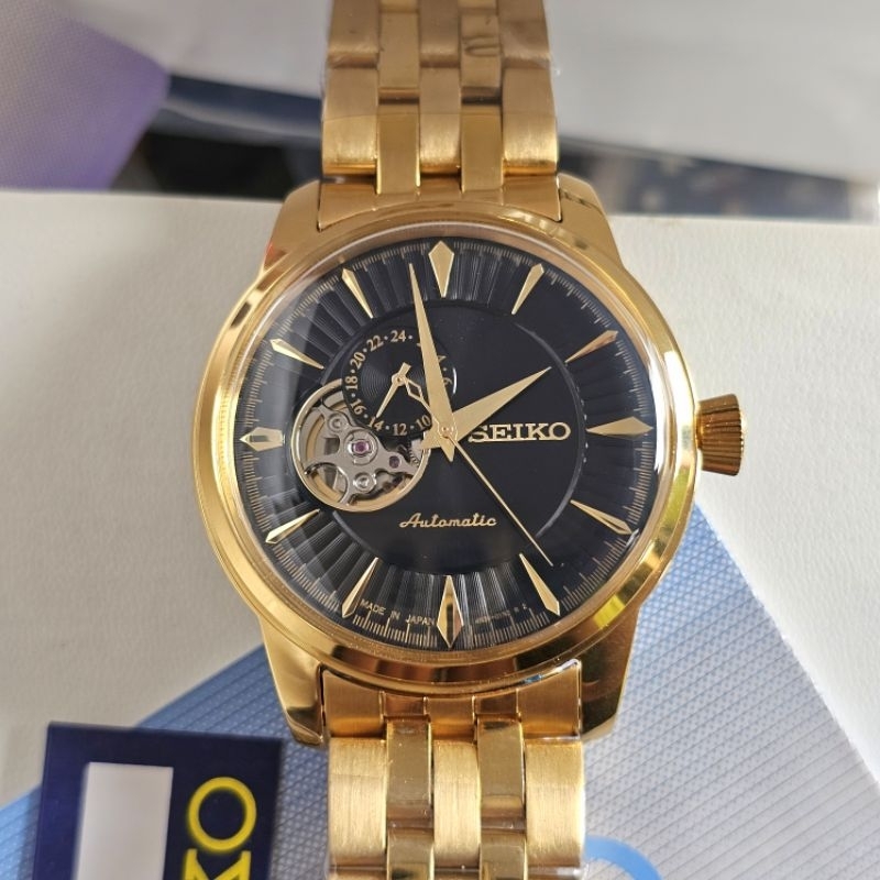 Seiko Presage Skeleton Gold Black Dial Automatic Original Jam Tangan Pria