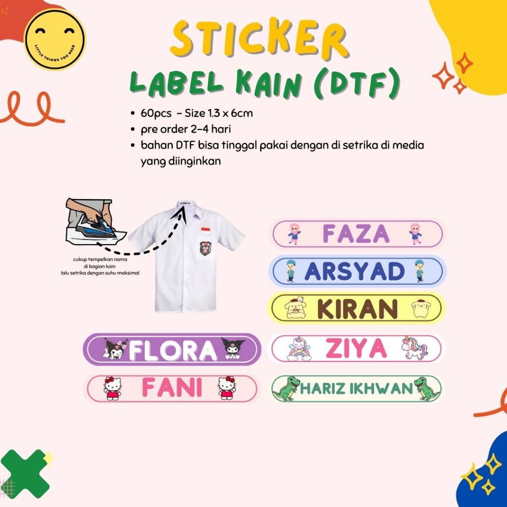 

STICKER LABEL KAIN DTF CUSTOM MURAH CEPAT BERKULAITAS FREE DESAIN GRATIS UNTUK SERAGAM BAJU ANAK