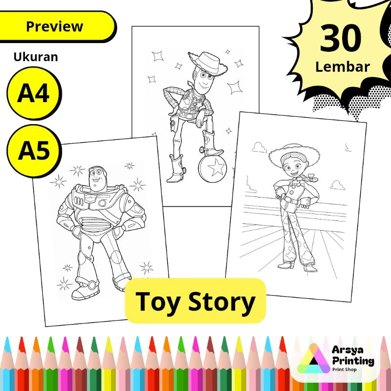 

30 Lembar Kertas Mewarnai Anak Lucu Tema Toy Story Woody Buzz Ukuran A4 A5