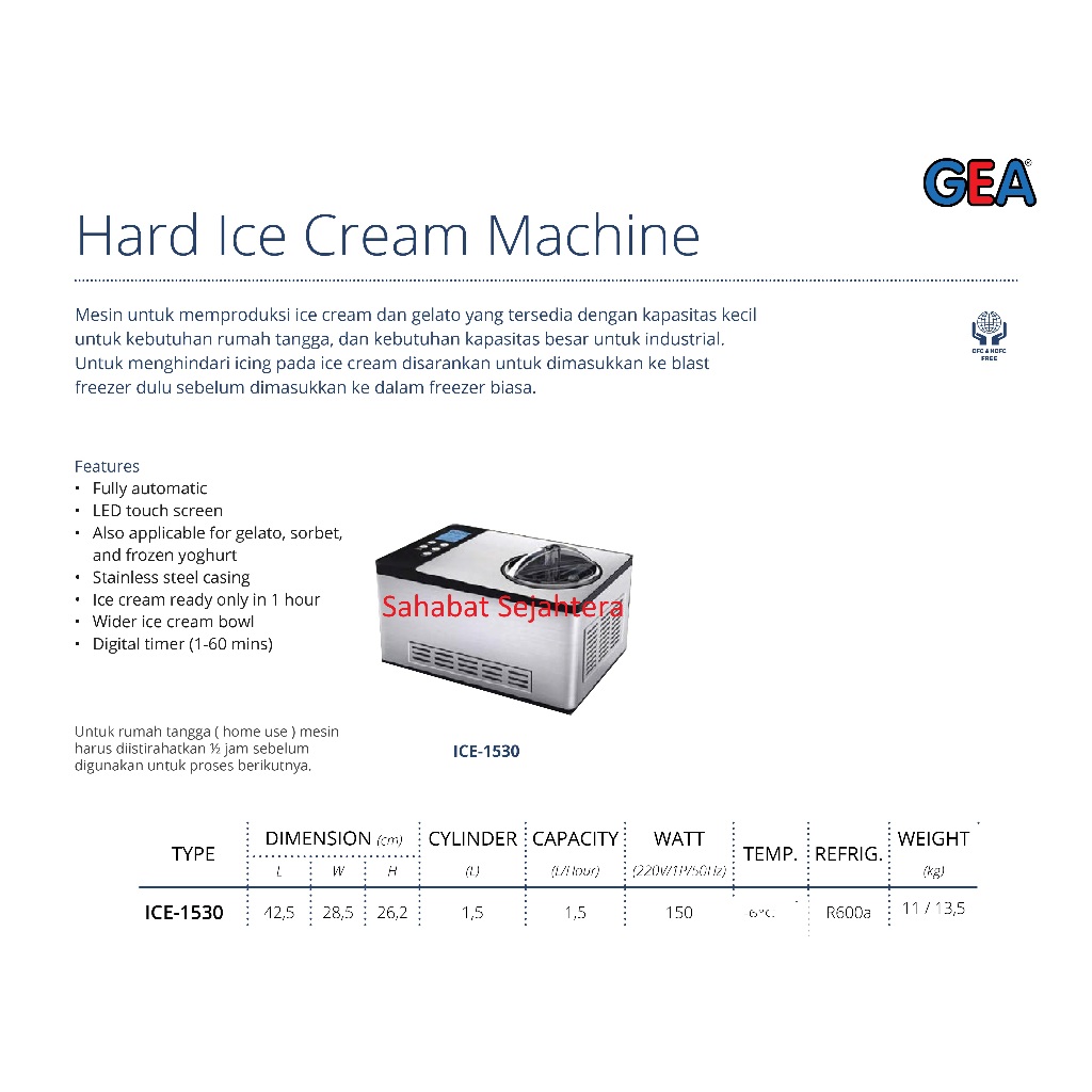 GEA Hard Ice Cream Maker ICE-1530 Mesin Pembuat Es Krim Dan Gelato