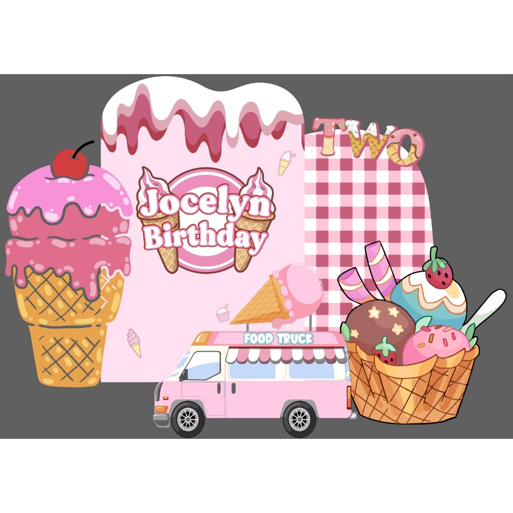 PAKET DEKORASI ICE CREAM BACKDROP / DEKORASI ULANG TAHUN ANAK / STANDING KARAKTER ULANG TAHUN ANAK /