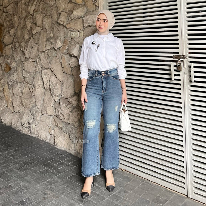 TRIVELA - ERICA CULLOTES SOBEK LAPIS KULOT JEANS RIPPED HIJAB FRIENDLY 27-38 JEANS WISKER WANITA