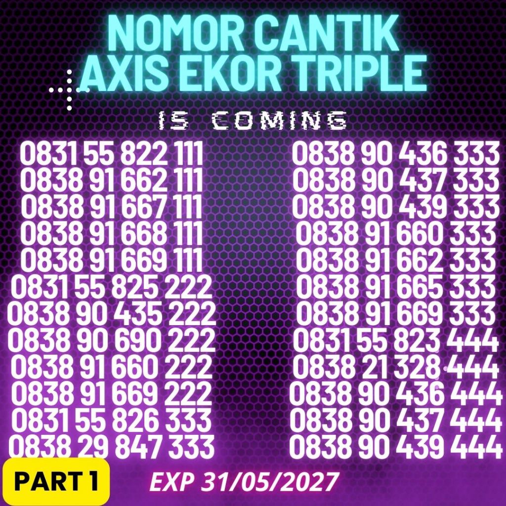 Nomor Cantik Axis Reguler Seri Ekor Triple Harga 33ribu (ada 2 part)