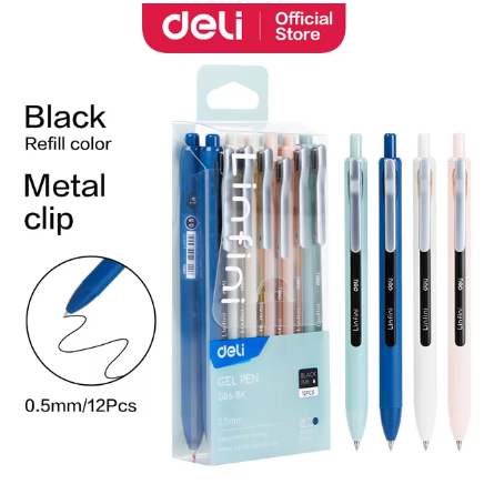 

(Pak/12Pcs) Deli - Bolpen Gel Pen G86-BK 0.5mm / Pulpen Metal Clip