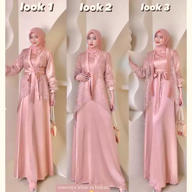 Gratis Bubble Veloxa Dress Fuji 3 In 1 Dress satu Set Inner Outer Kimono Queenbee Fashion Gamis Musl