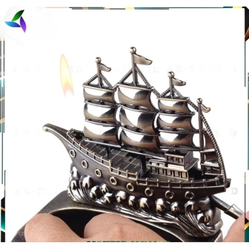 UNIK KOREK API GAS ISI ULANG ASBAK MODEL KAPAL BAJAK LAUT FULL STAINLESS