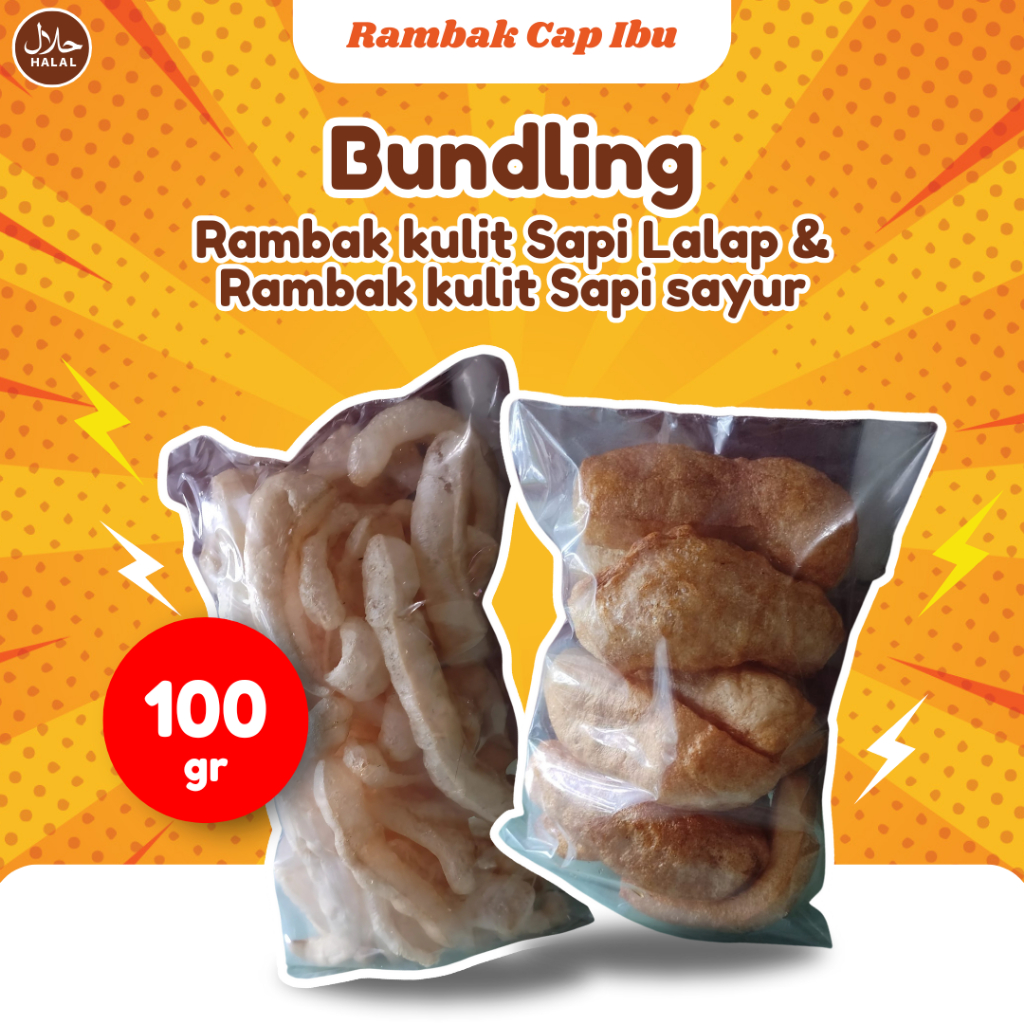 

Paket Bundling Kerupuk Kulit Sapi Lalap dan Rambak Sayur 100gram Cap Ibu Camilan Pelengkap Nasi