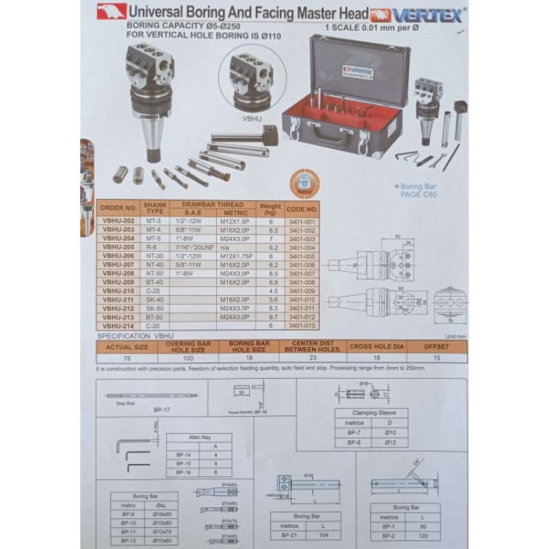 Vertex universal boring head vbhu bt40