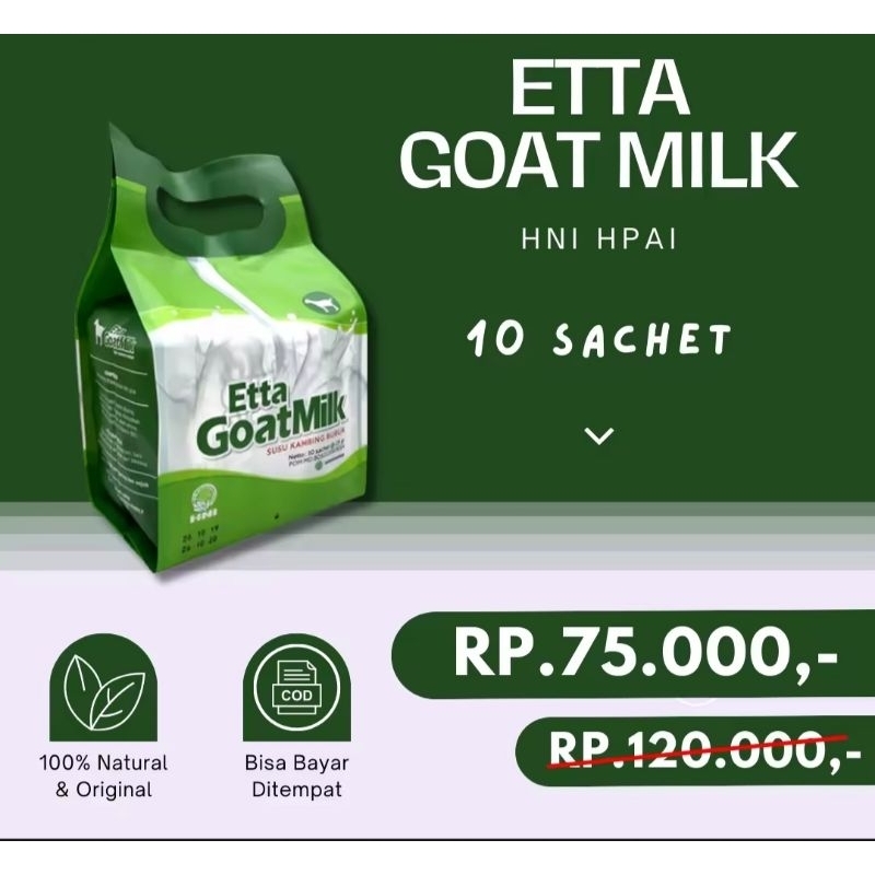 

Susu kambing Ettawa Goat Milk (Isi 10) HNI HPAI Original