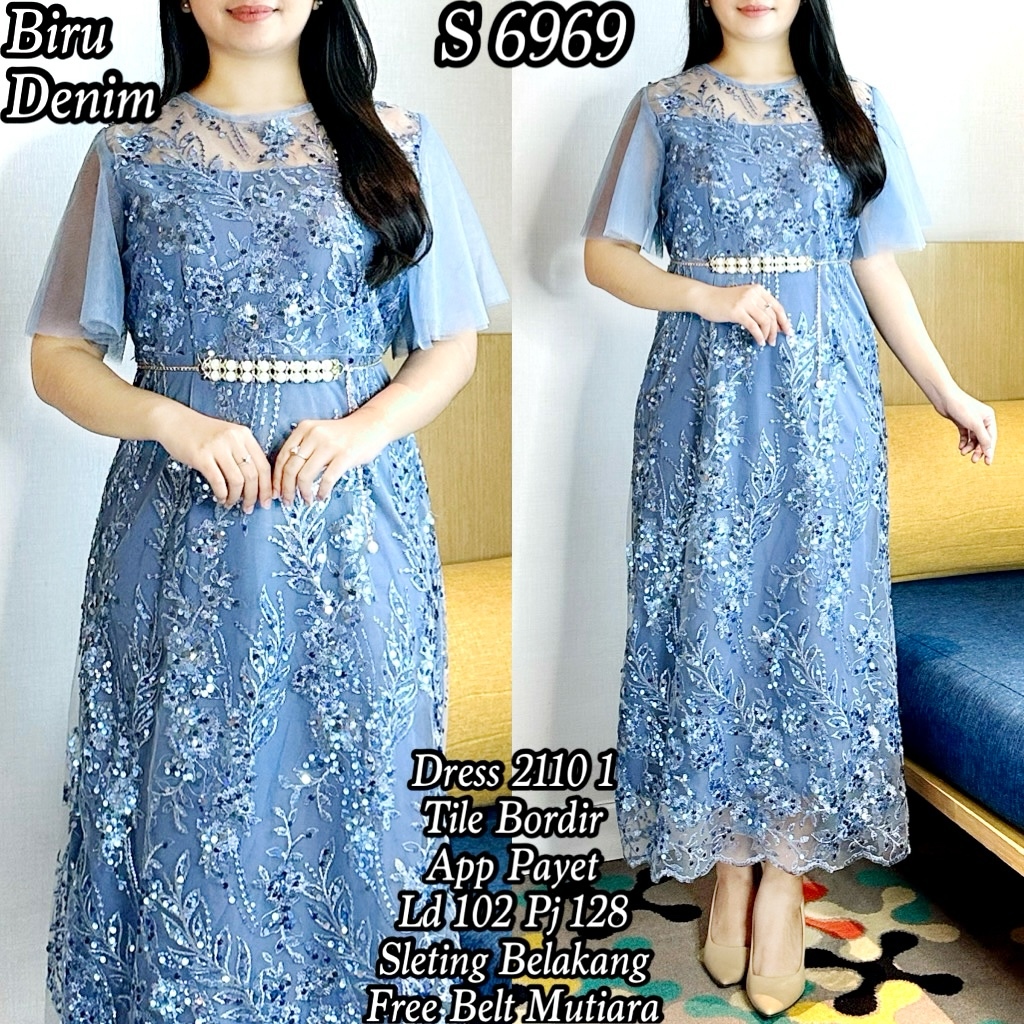 6969 #LongdressTile Payet Free Belt Mutiara Gaun Pesta Wanita