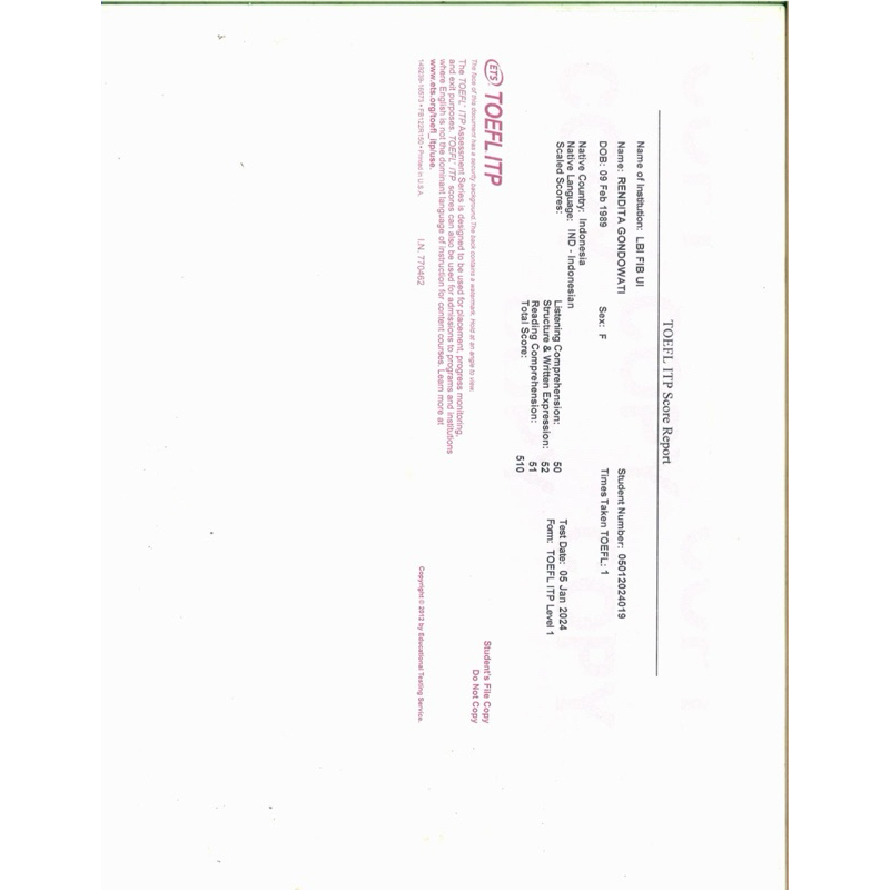 

44 ITP SCORING REPORT TERMURAH TOEFL ITP TERMURAH 00 SERTIFIKAT