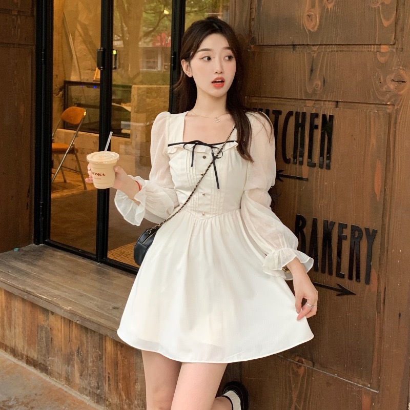 Meirong summer flowy midi dress beige pantai lengan panjang wanita korea style dress maroon vintage