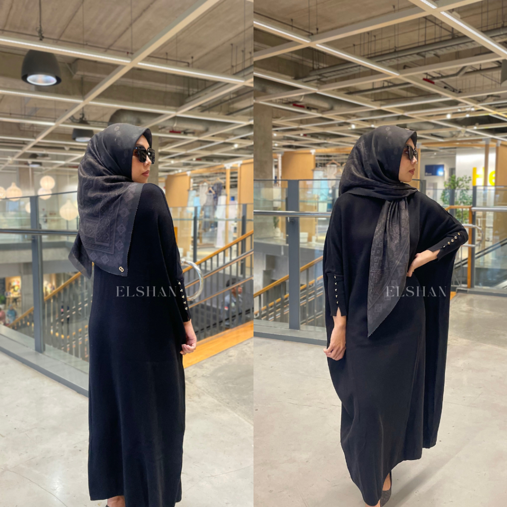 Elshan - Inara Batwing Button Knit Dress | Gamis Rajut Premium | Abaya Umroh Haji Lebaran | Knit Dre