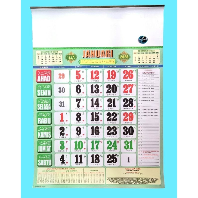 

Kalender kerja tahun 2025 jumbo wuku super Full Color Ao 731 versi46 x 64 cm (terima castume cetak merek)