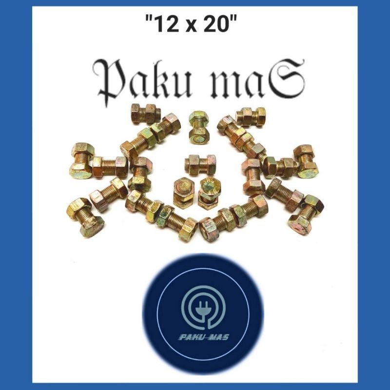 Baut mur M12 x 20 baut ukuran 12 panjang 2 cm