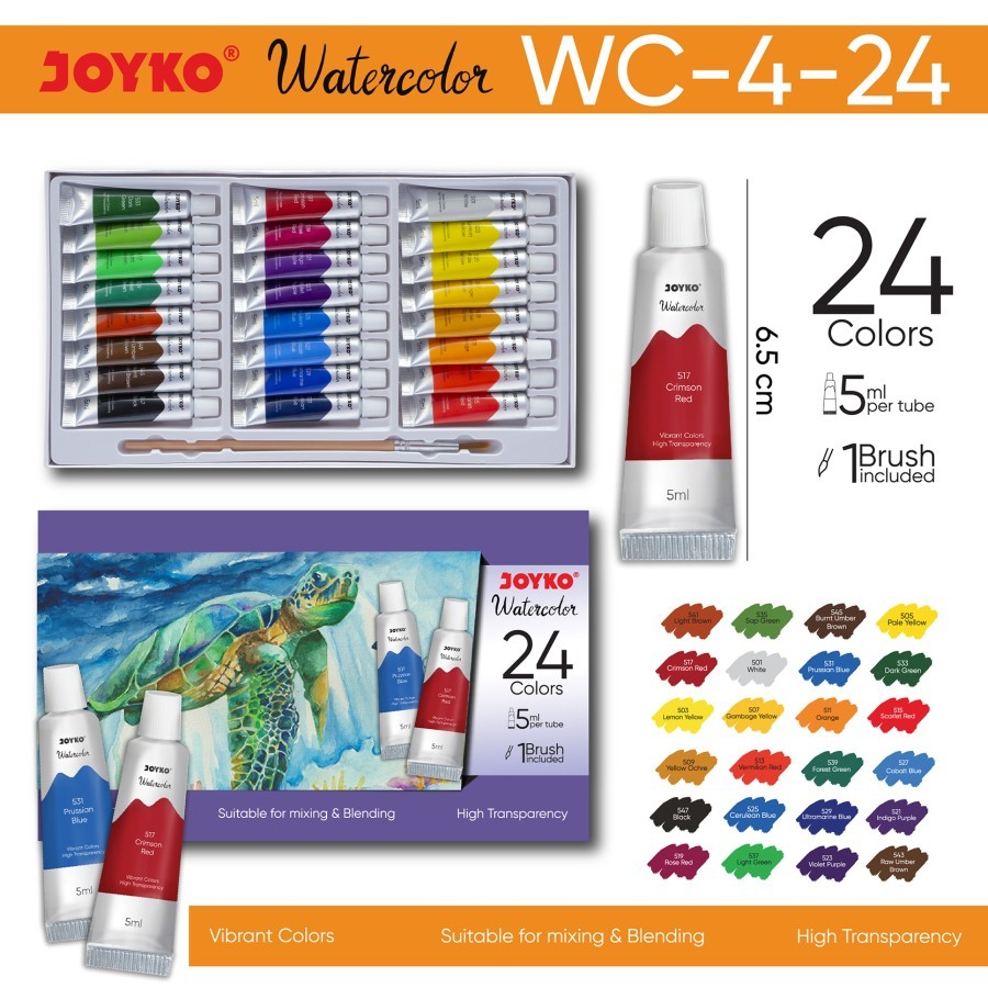 

Watercolor Set Cat Air Joyko WC-4 >Product Size ( Ukuran Size ) : Panjang 6.5cm >Box Size ( Ukuran Box ) : -WC-4-12 : Panjang 17.8 cm x Lebar 9.5 cm( 12 Warna ) -WC-4-24 : Panjang 22.6 cm x Lebar 13.5 cm ( 24 Warna ) >Volume Produk Per Tabung : 6 ml >Wat