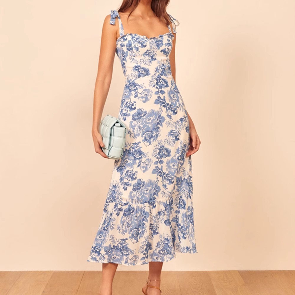 Meirong dress biru muda pantai wanita panjang blue dress bunga press body import korean style