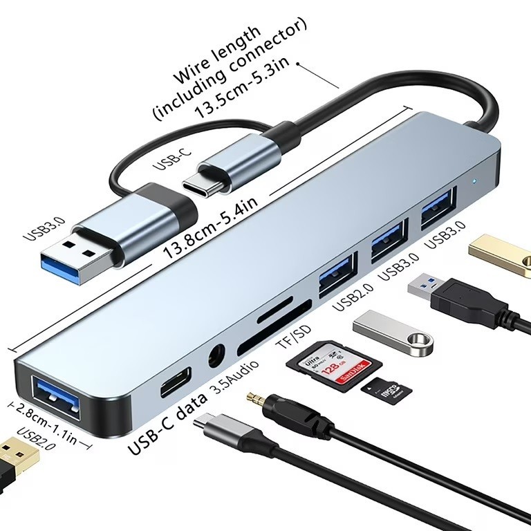 Usb HUB type-c combo 8in1 usb 4 port hub + sd + tf card reader + type c + audio 3.5 tipe c hub with 