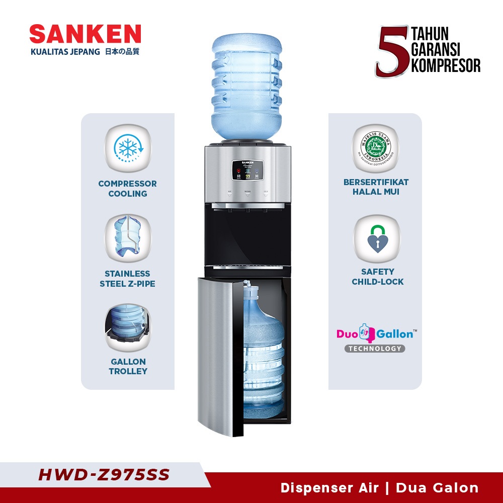 Sanken HWD-Z975S-BK Water Dispenser Duo Galon Bawah Atas Silver Kompresor