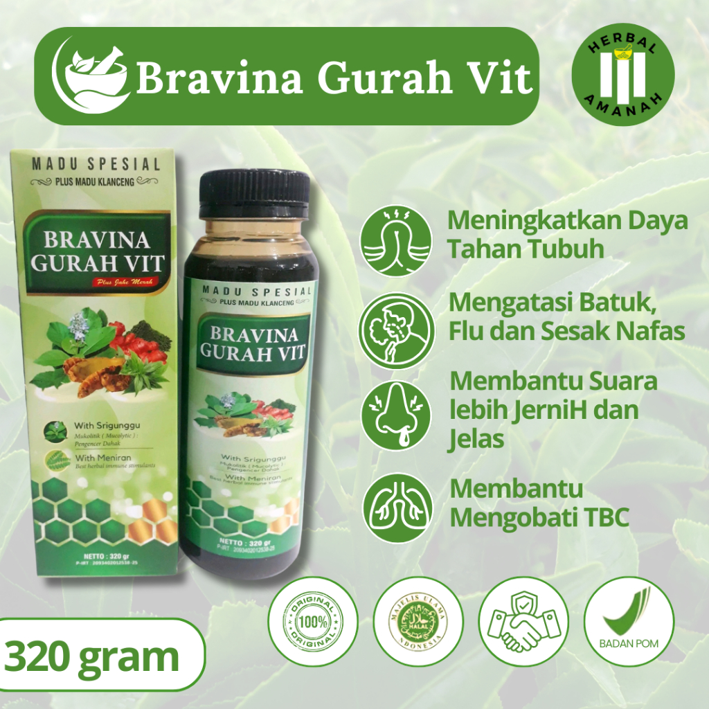 

Madu Bravina Gurah Vit Asli Spesial Plus Madu Klanceng Jahe Merah Obat Asma Batuk Paru Paru Sinusitas Herbal 320gr
