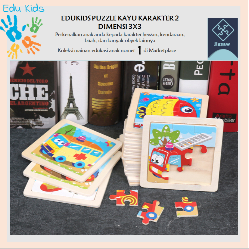 Puzzle Kayu karakter 3x3 2 dimensi mainan anak umur 1-7 tahun hewan