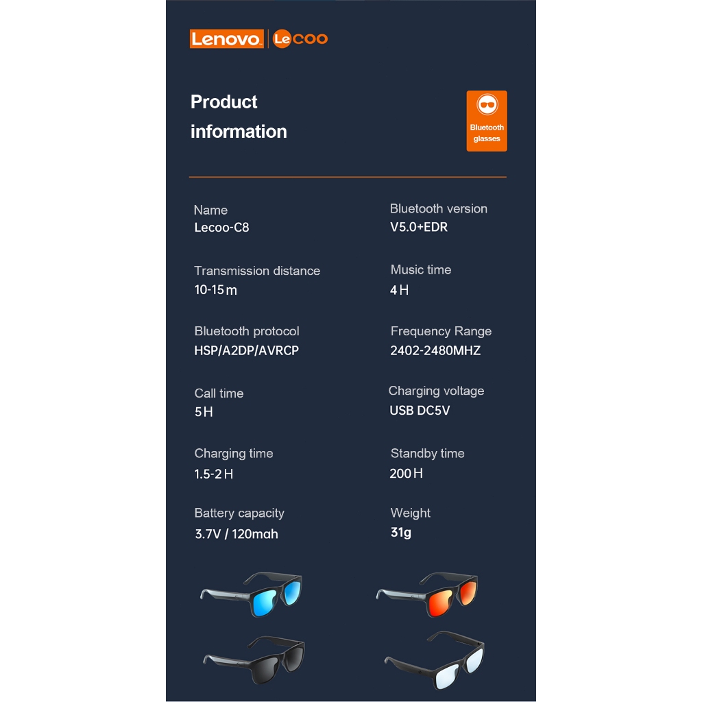 RB Lenovo LECOO C8 Smart Wireless BT Glasses Headset HD Sound Quality Touch Buttons Replaceable