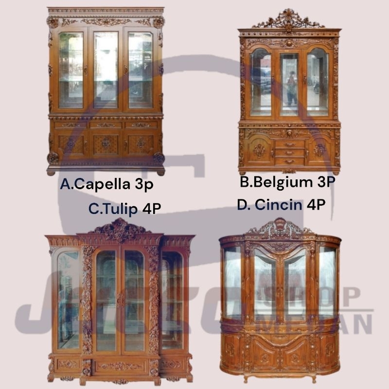 [ Jucco ] Lemari Hias 3 Pintu Kayu Jepara Murah - Lemari Kristal Murah Kayu Ukir - Lemari Pajangan 4