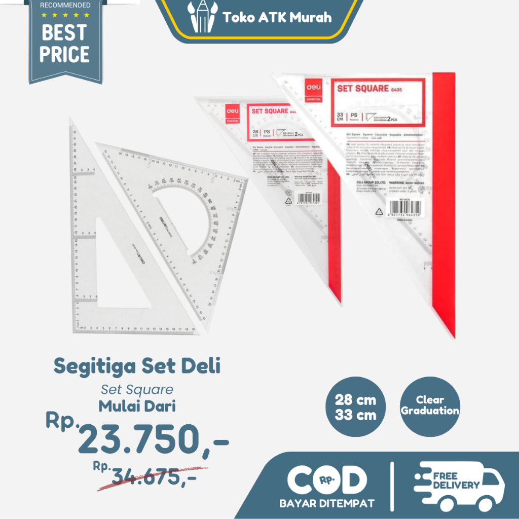 

Penggaris Segitiga Sepasang Deli Set Square Besar 33 cm E6435 ( No.12 ) / Sedang 28cm E6430 ( No.10)