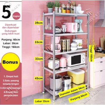 ( GARANSI 12 BULAN ) RAK DAPUR STAINLESS STEEL RAK 5 SUSUN RAK PENYIMPANAN TEMPAT SERBAGUNA 5 SUSUN 