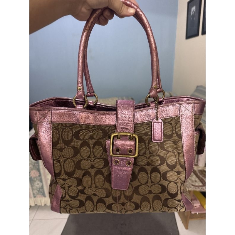 Preloved Original Coach Signature Pink Metallic Shoulder Tote Bag
