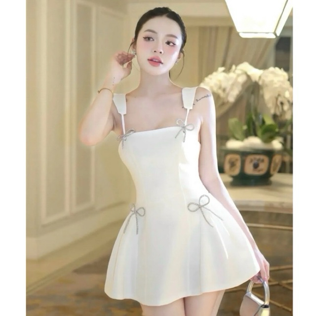 FIRST CLOTHING | BORA Dress Ribbon Valentine Dinner Imlek mini tanpa lengan | Dress Putih Wanita | D