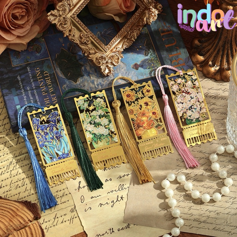 

(IAS) Pembatas Buku Metal Van Gogh Claude Monet Bookmark Starry Night Sun Flowers Purple Iris White Rose Plating