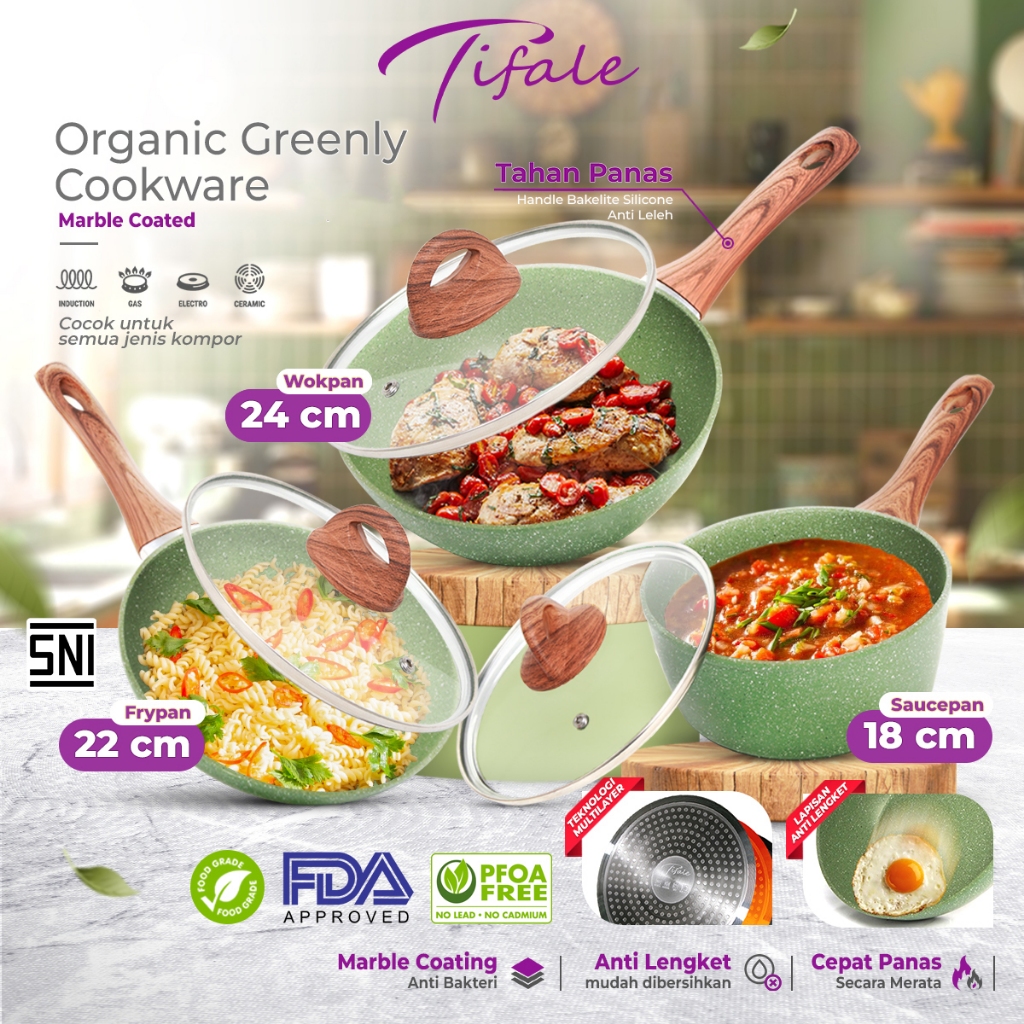 Tifale Organic Greenly SET Cookware Marble Coated Anti lengket Handle Bakelite Silicone Anti Leleh A