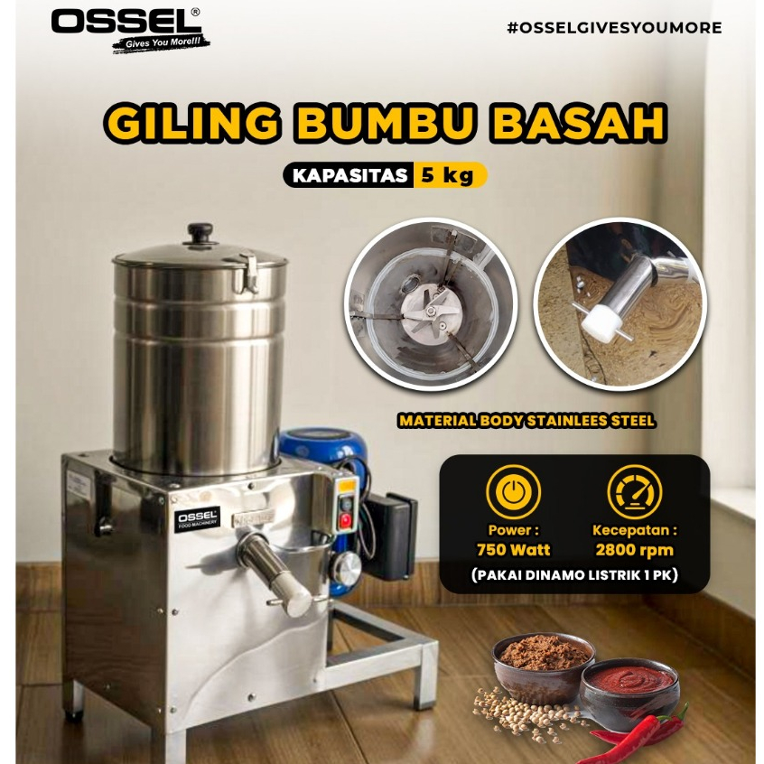 OSSEL Mesin Giling Bumbu Basah Gilingan Bumbu Basah 5 Kg Stainless Steel Penggerak Dinamo
