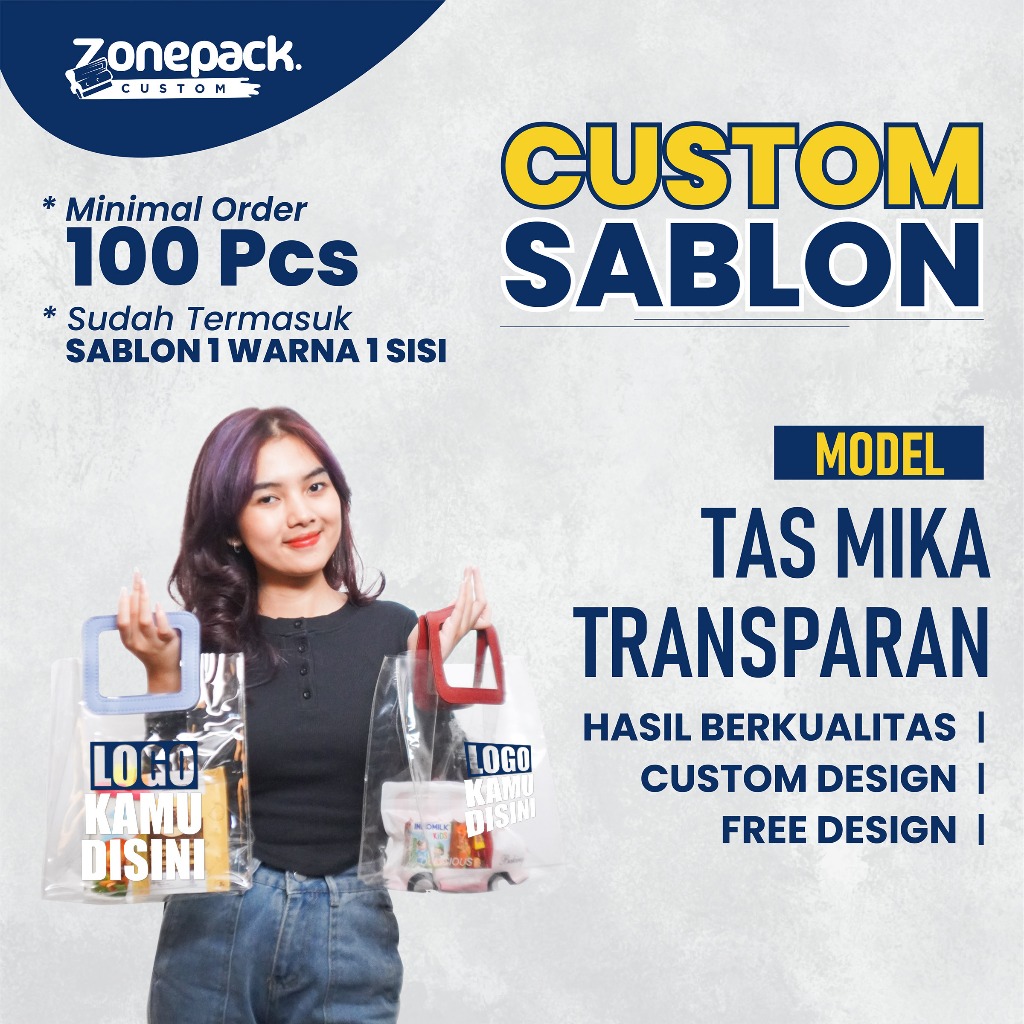 

Sablon Tas Mika Transparan | Custom / Free Desain Tas Hampers Mika PVC