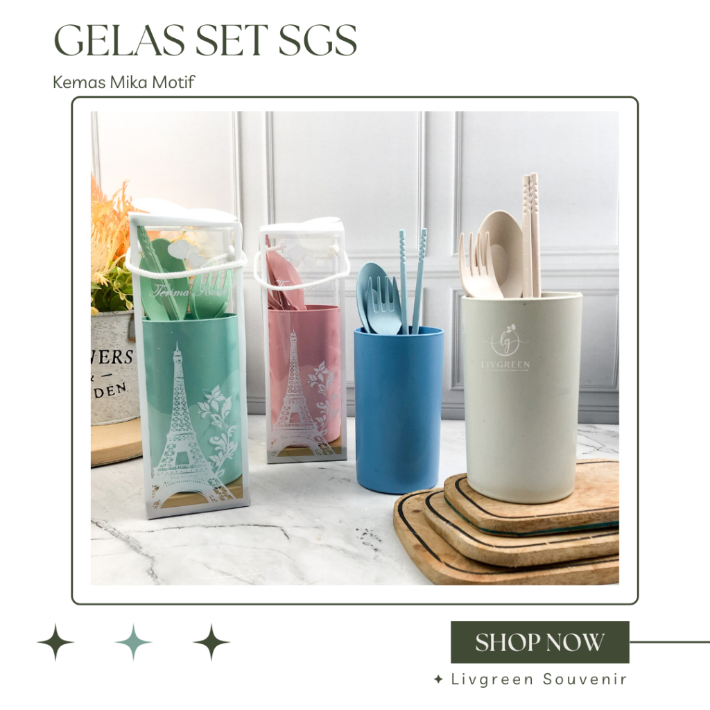 Souvenir Gelas Plastik New Panjang plus Sendok Set Lokal  Kemas Mika