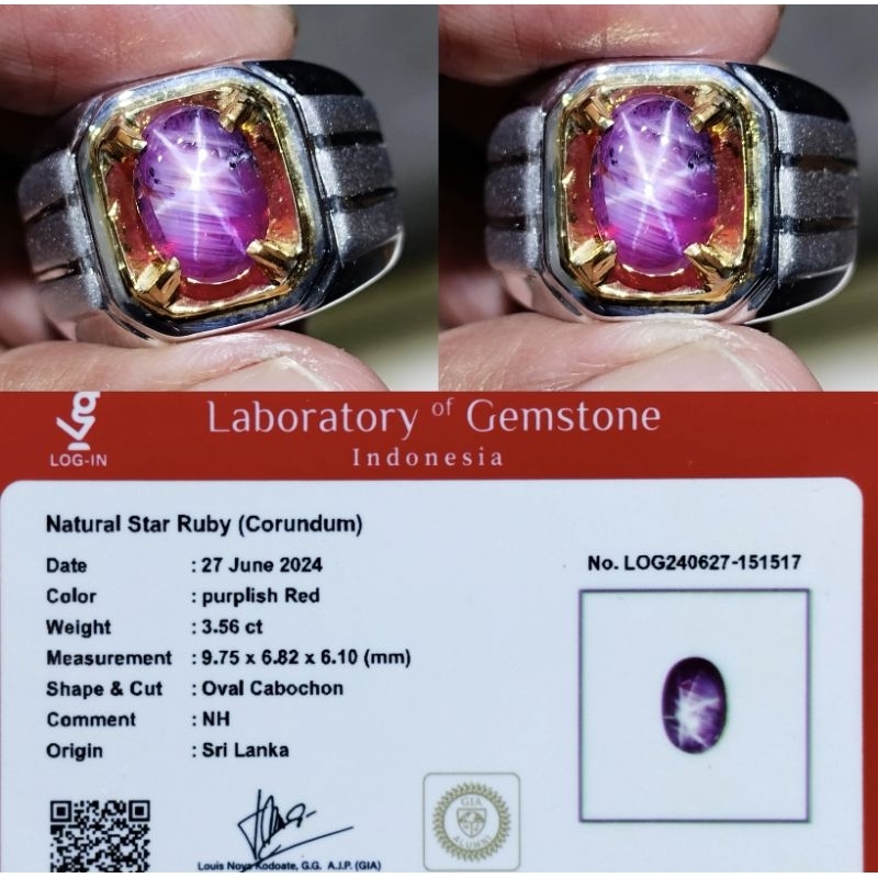 Cincin permata 3.56ct natural ruby star srilanka No heat NH