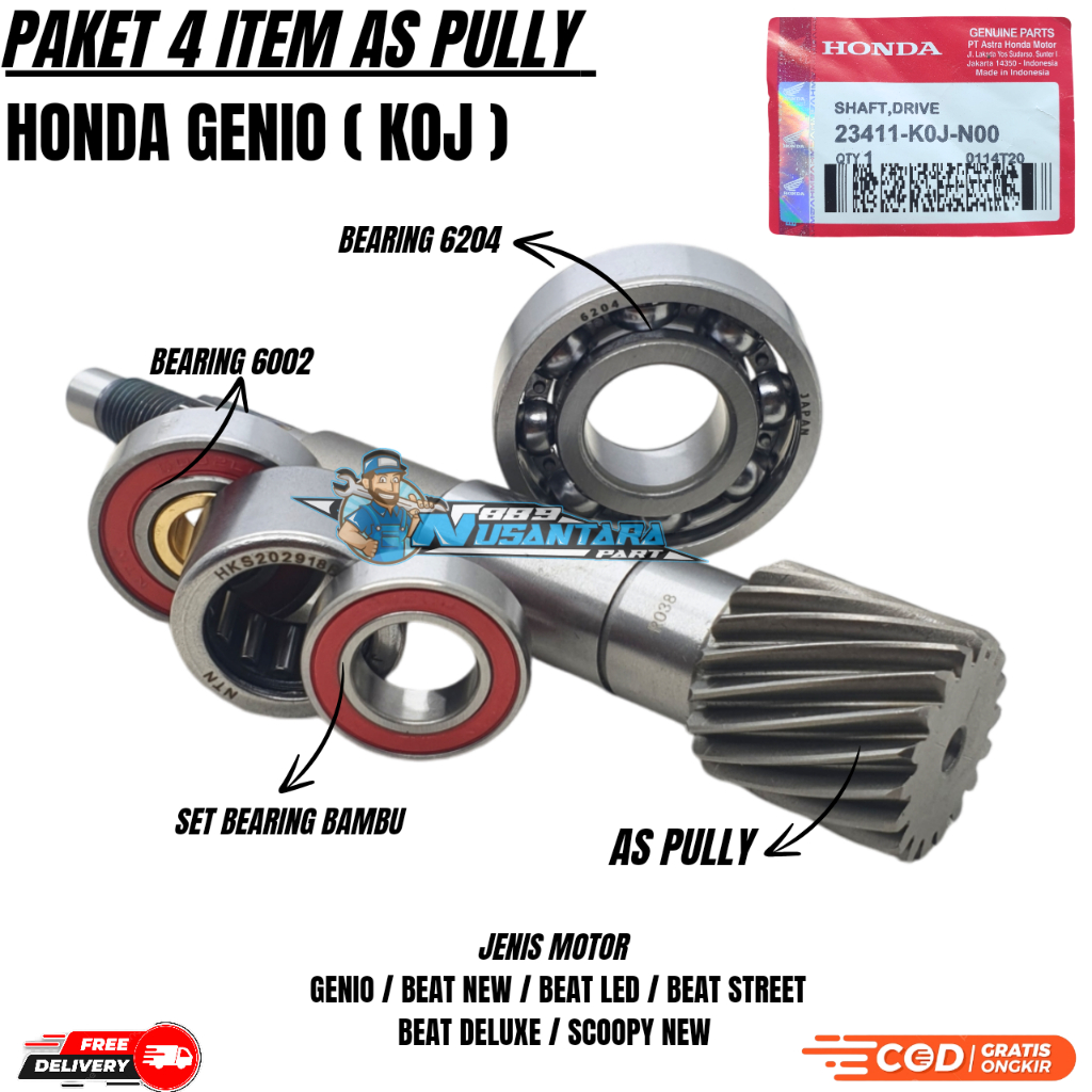 Paket Koj As Pully Genio + Bearing 6002 + Bosh Kuningan + Bearing Pully + Bearing 6204 Genio / Beat