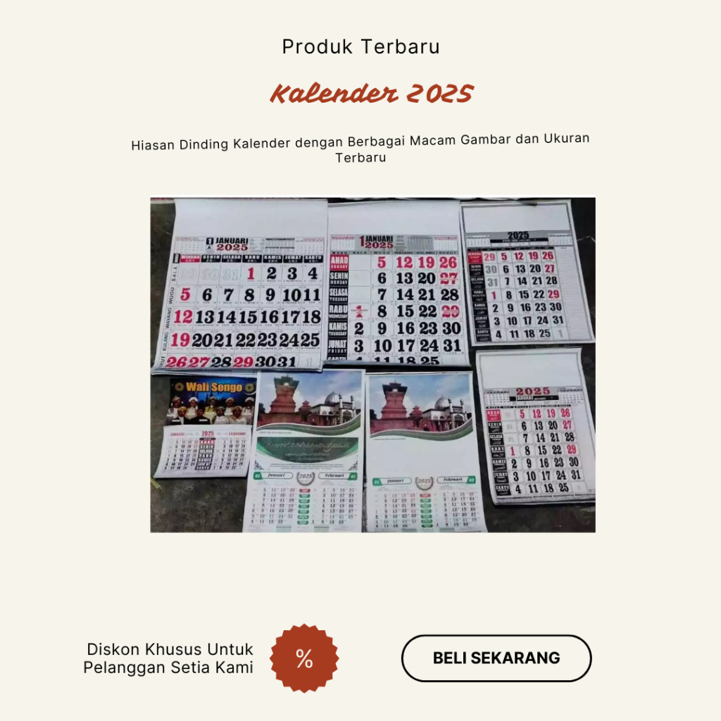 

Kalender Dinding 2025 Ukuran Mini Kecil Tanggung Besar Semi Jumbo - Kalendar Wuku Jawa Walisongo Masjid Kaligrafi Syekh Abdul Qadir Al-Jaelani Kabah Punokawan Mesjid Masehi Terbaru Hiasan Caleg Kertas Press Pilkada Suara Sticker Kartu Nama Undangan