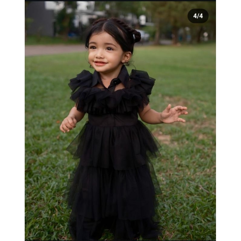 Dress Wednesday addams Costume dress Anak perempuan dress party wednesday dance dress Tulle hitam Ko