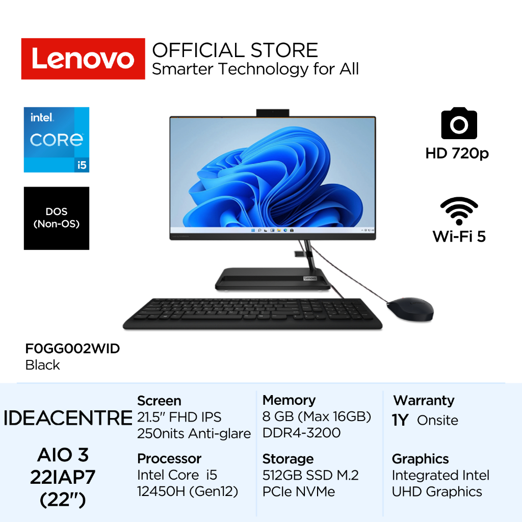 Lenovo PC IdeaCentre AIO 3i 22IAP7 Intel Core i5 12450H DOS 8GB 512GB SSD 21.5" FHD IPS 72% NTSC Ant