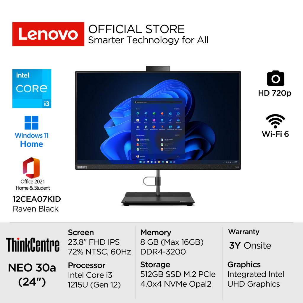 Lenovo PC AIO ThinkCentre Neo 30a 7KID Intel Core i3 1215U Win11 Home 8GB 512GB SSD 23.8" FHD IPS 60