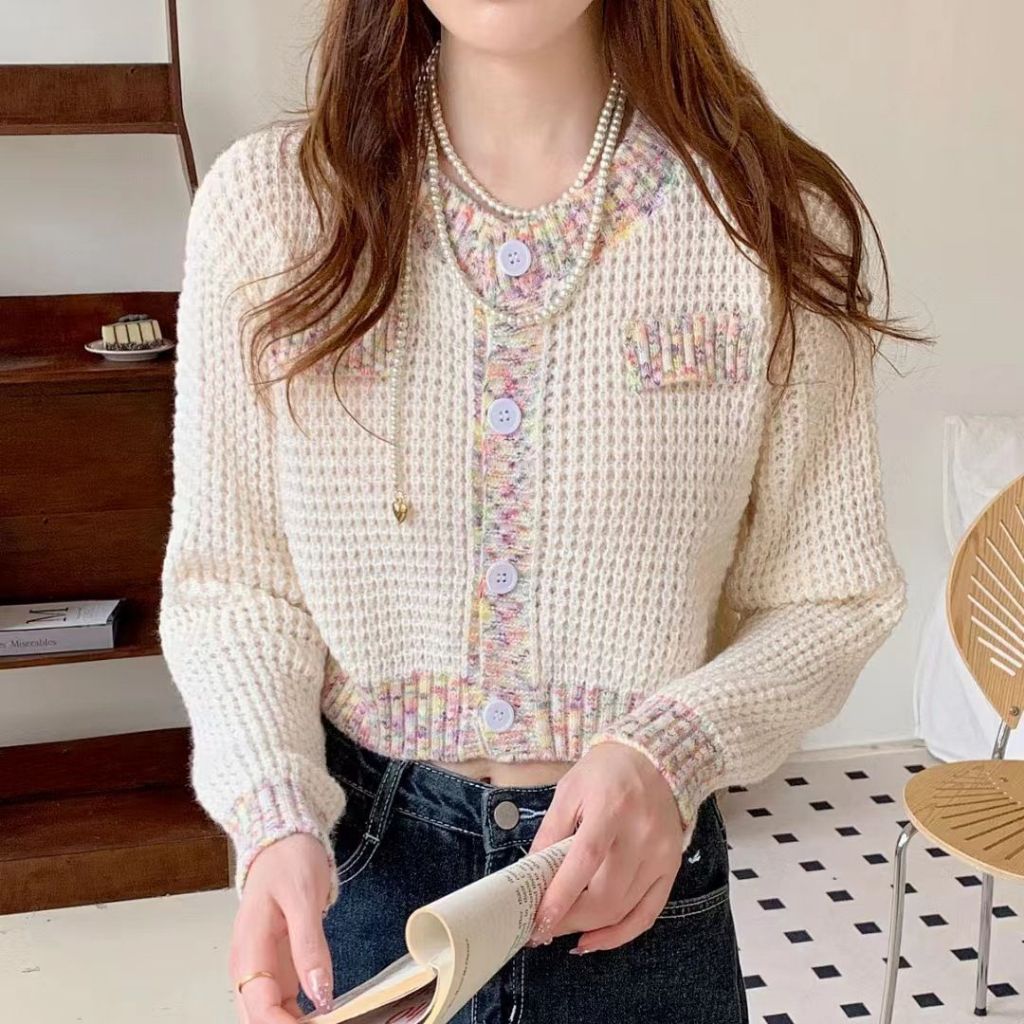 JOVELINE - CARDIGAN CROP LIST RAINBOW ROUND NECK KANCING BULAT