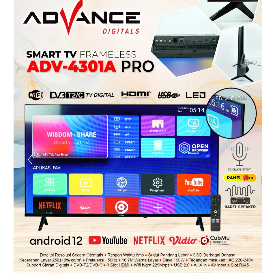 Advance ADV-4301A PRO Smart TV Frameless Android TV 12 HD Panel LG Tanpa STB Wifi/HDMI/Youtube/Netfl