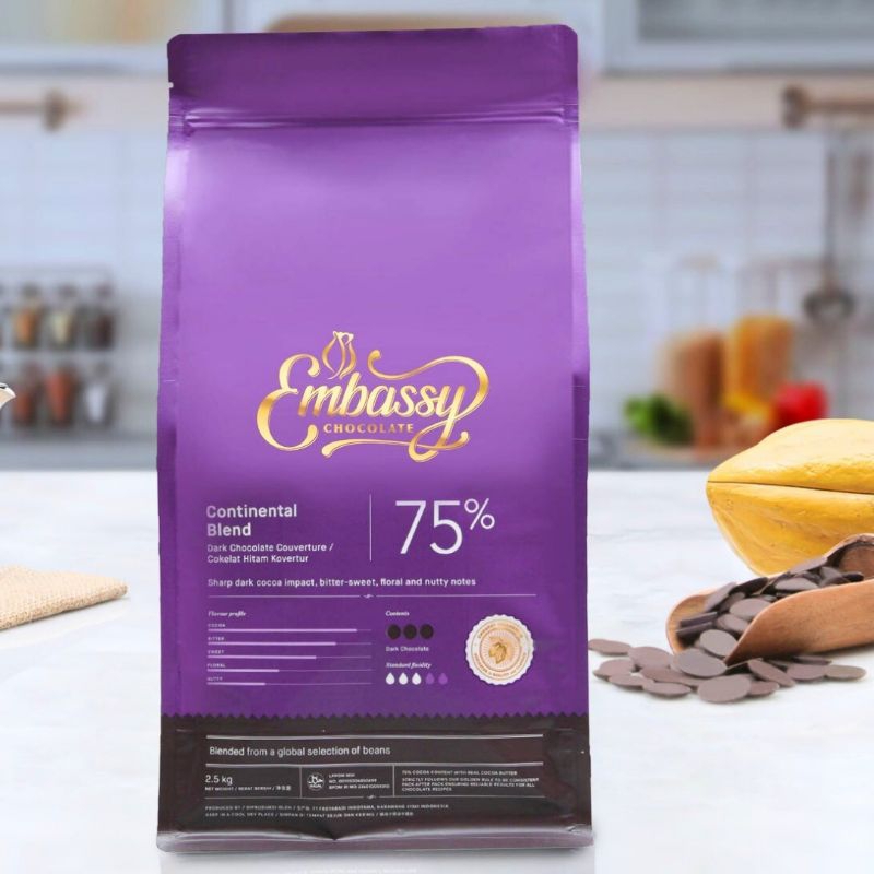 

Embassy Couverture Continental 75% Dark Chocolate Coklat Asli 2.5kg